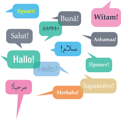 Sprechblasen mit Hallo auf 11 verschiedenen Sprachen
